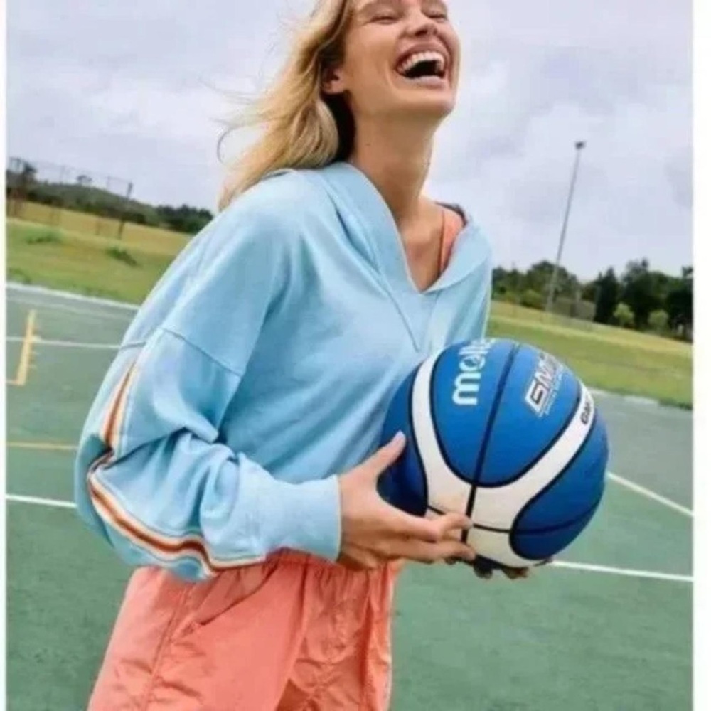 Free People Grand Slam Striped hoodie sweatshirt. Blue w/ pink & yellow striping